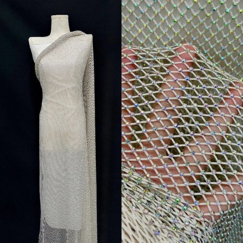 Hotfix Rhinestone Mesh Fabric for DIY Sewing Shoes Hat Dress Clothing Fashion Designer Fabrics Material Cloth By The Yard