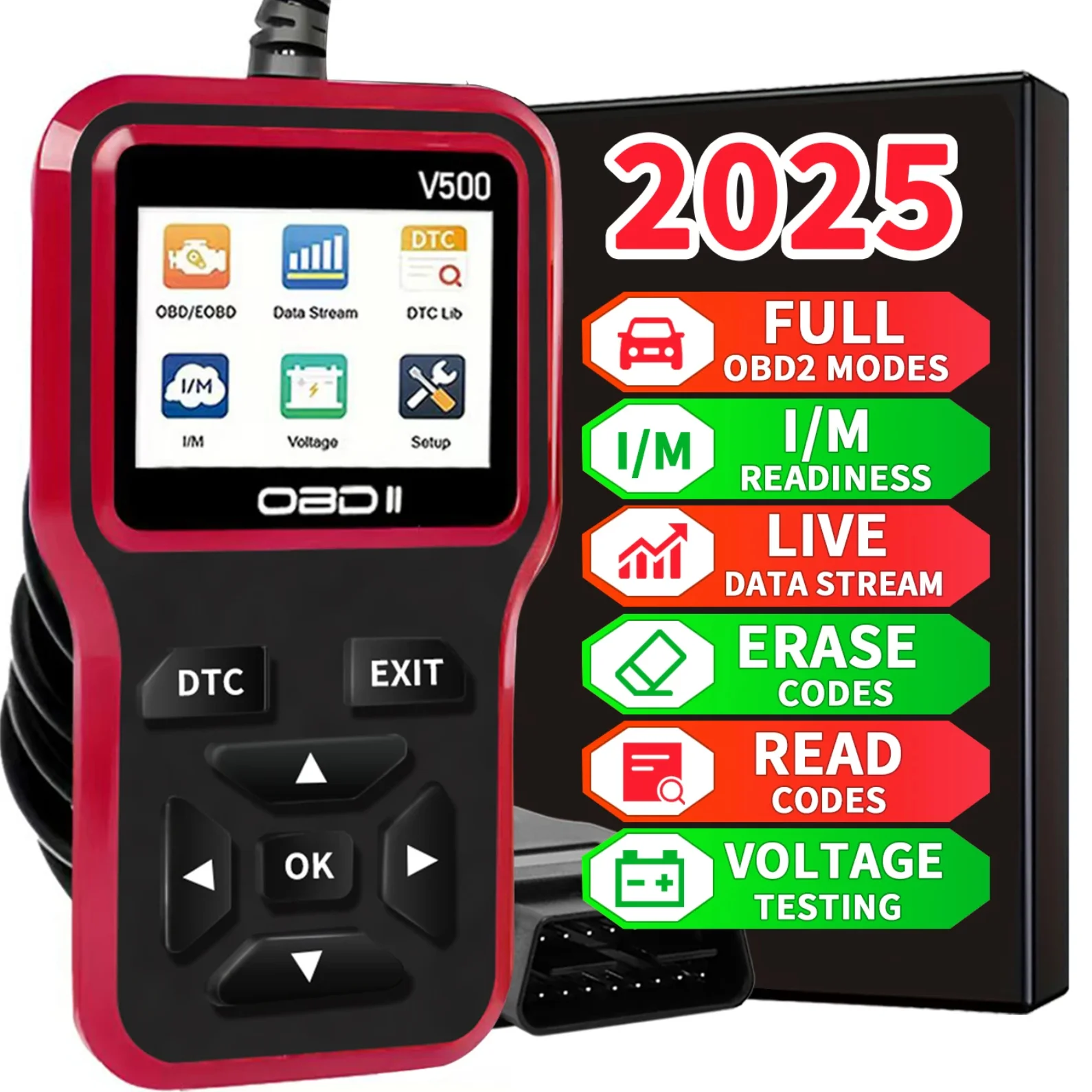 

The2025newObd2scannerdiagnostic tool has a complete engine code reader with data flow I/M ready voltage testing and erasing