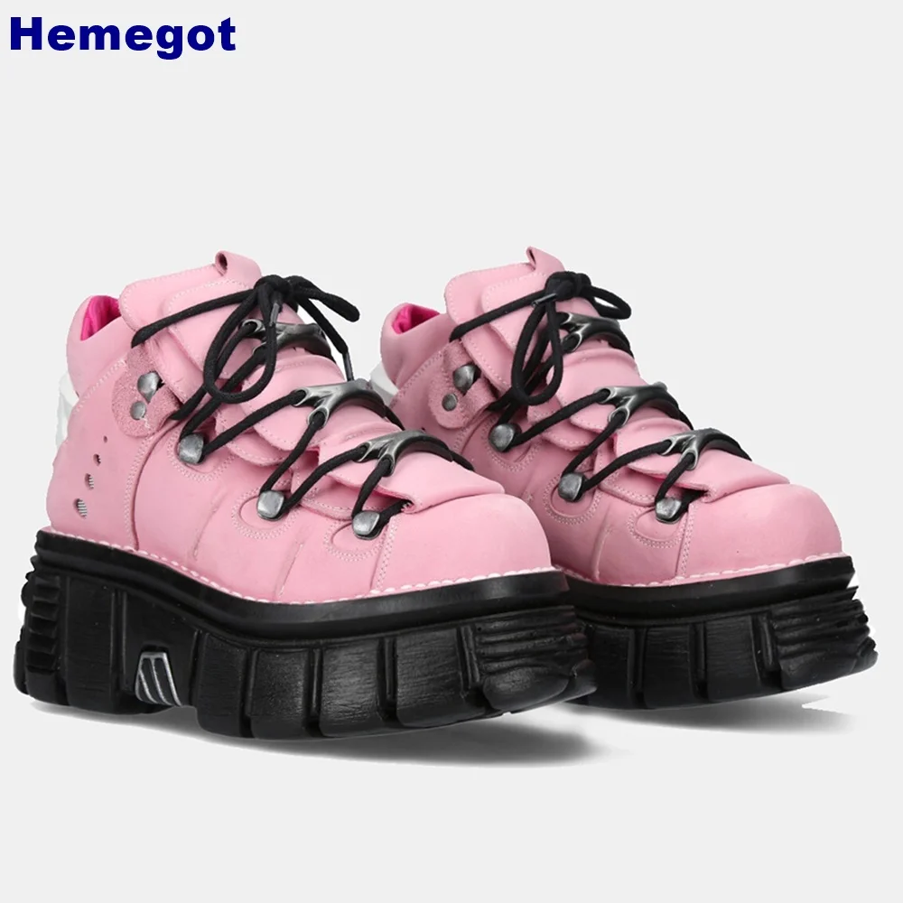 

Pink Platform Cyberpunk Rivet Motorcycle Boots ​​new Rock Cool Girl Lace Up Short Boots Fashion Women Street Sports Casual Shoes