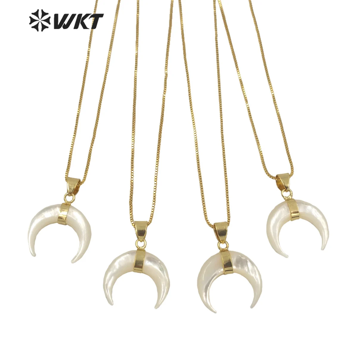 WT-JN147 Wholesale Fashion Natural Mother Of Pearl Small Horn Necklace Raw White Shell Crescent With Gold Plated Chain For Lady