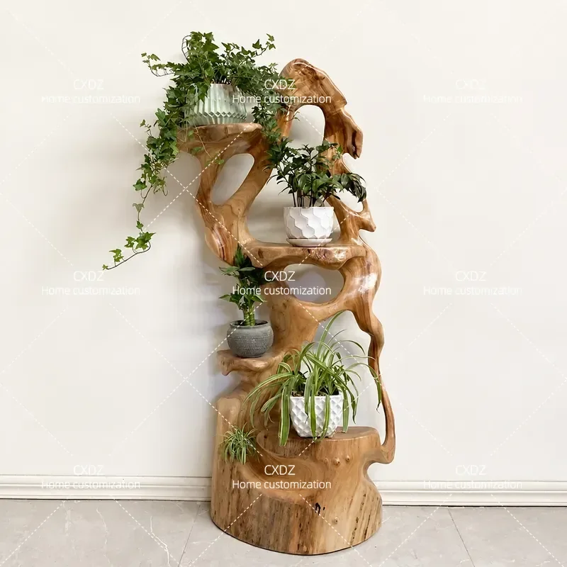 Camphor Wood Root Carving Flower Stand Solid Wood Natural Tree Root Base Floor to Ceiling Multi Layer Living Room Bonsai