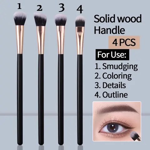 4PCS Soft Wooden Handle Eye Makeup Brush, Eyeshadow Brush, Smuder Brush, Detail Brush, Multi-Purpose Beauty Tool