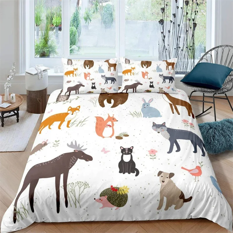 

3D Squirrel King Queen Duvet Cover Lovely Animal Bedding Set For Kids Teens Adults Wildlife Green Leaves Soft 2/3pcs Quilt Cover