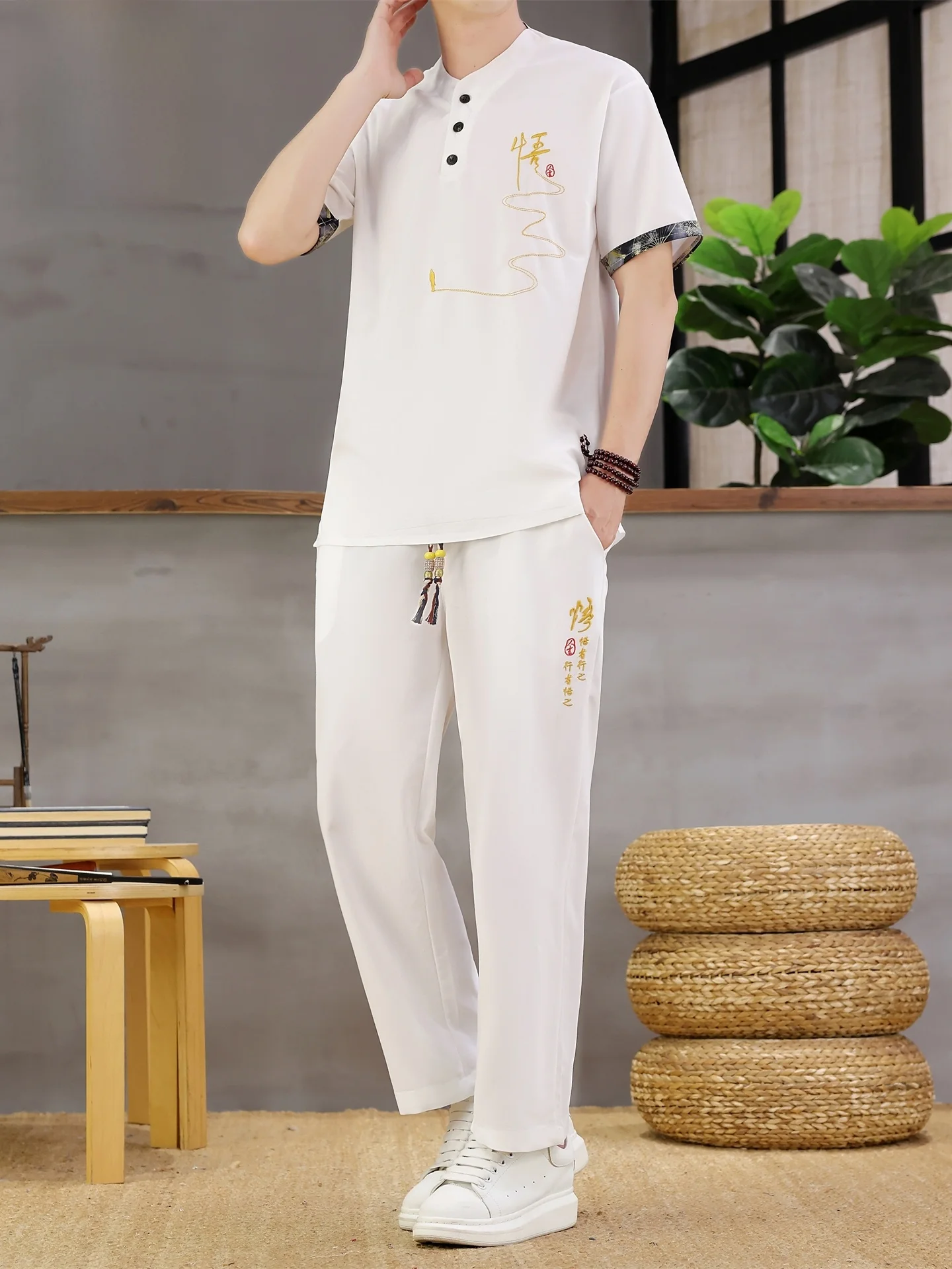 Conjunto de duas peças Romon casual com camiseta bordada de manga curta e calça esportiva comprida para homens, roupa leve pa...