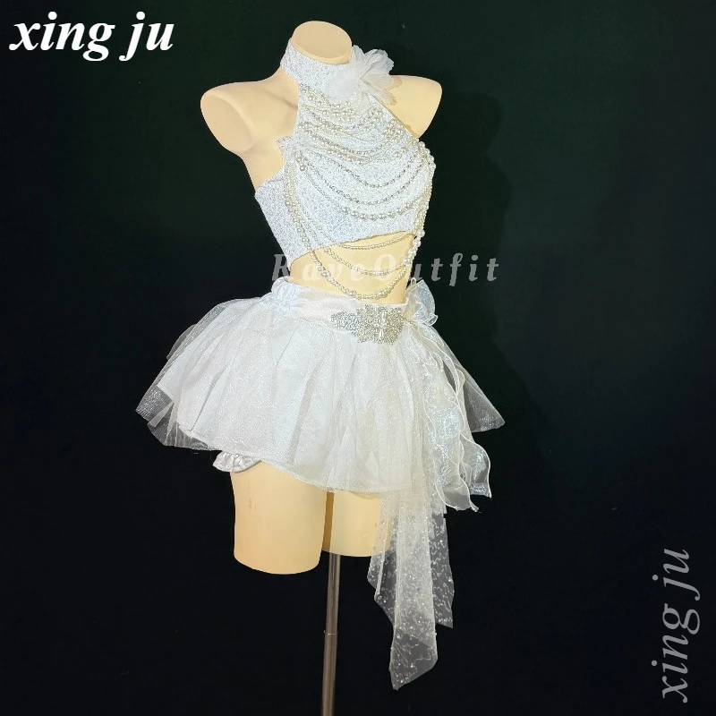 Xing Ju White Luxury Rhinestone Pearl Fringe Halter Vest Lace Chiffon Skirt Birthday Party Women Club Singer Dance Stage Costume