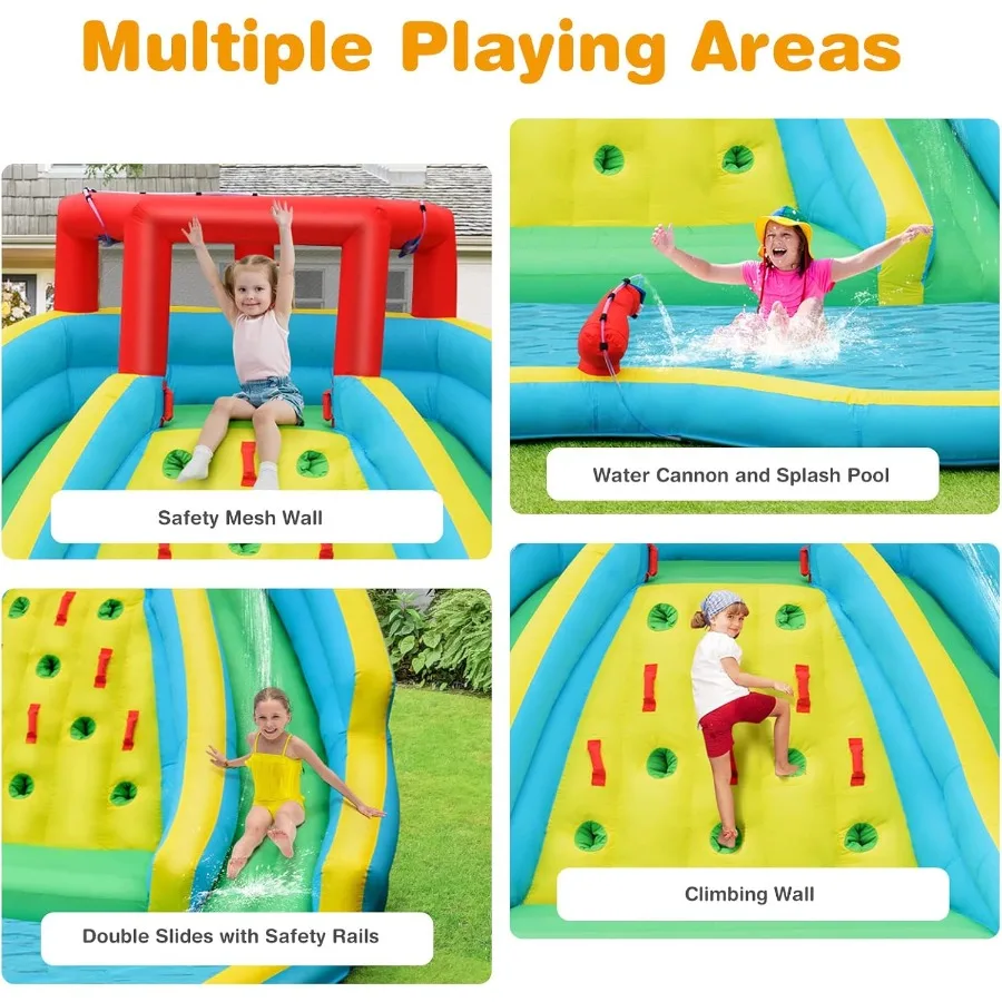 Dmuchana zjeżdżalnia wodna, park wodny 5 w 1 z 2 zjeżdżalniami, ścianą do wspinaczki, dużym basenem i pistoletami na wodę, do skakania na zewnątrz