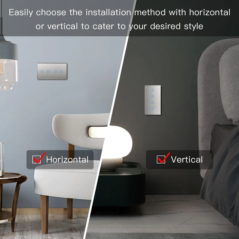 BINGOELEC Double Light Switches Touch Sensor Wall Interruptor Glass Panel 4Gang 2Way Stair Switches Dark Blacklight 300W/Gang