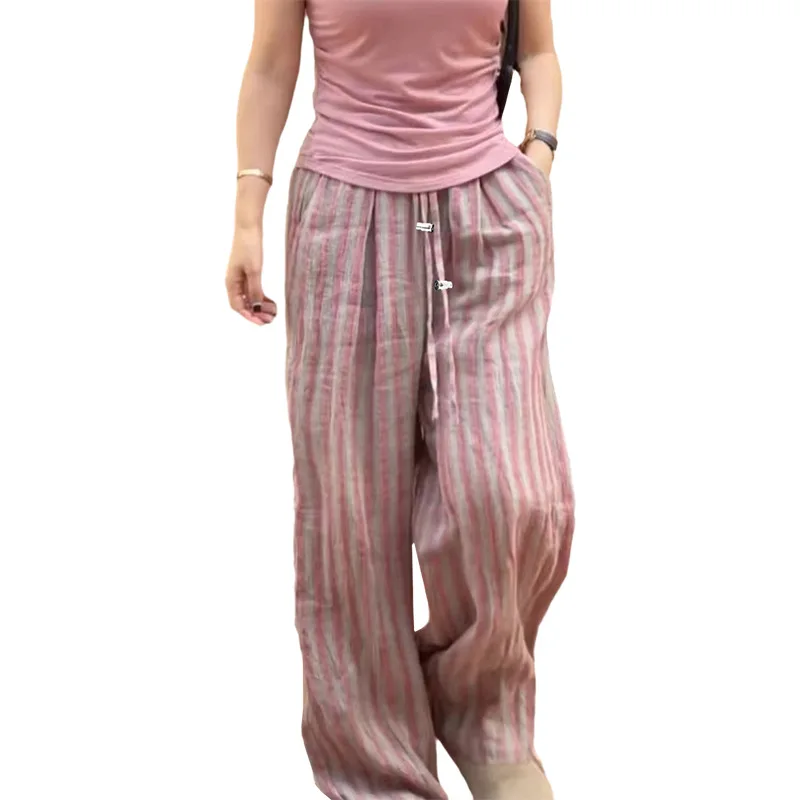 

Летние повседневные брюки в корейском стиле с вертикальными полосками, 2026 год, с высокой талией, свободного кроя, с драпировкой, скрывающие недостатки фигуры для фигуры типа «груша»