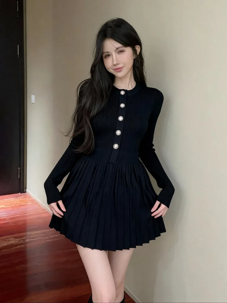 

Bla Knitted Wrap Waist Slimming Dr Women's Versatile Single Button Autumn Winter Faion Long Sve ort Gored Skirt