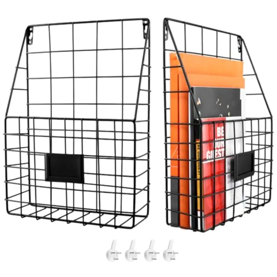 

QWORK Metal Wire Wall Mounted Magazine Holder 2 Pack Black Large Capacity Organizer Holder for Magazines Files Newspapers