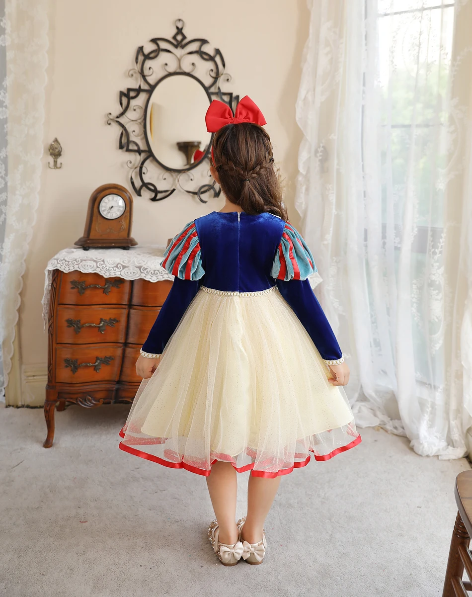 Schneewittchen-Prinzessinnenkleid für Mädchen, blaues Samt-Mieder mit beigem Tüllrock, Spitzenapplikationen für Halloween, Geburtstagsfeier, Cosplay – Detail 5