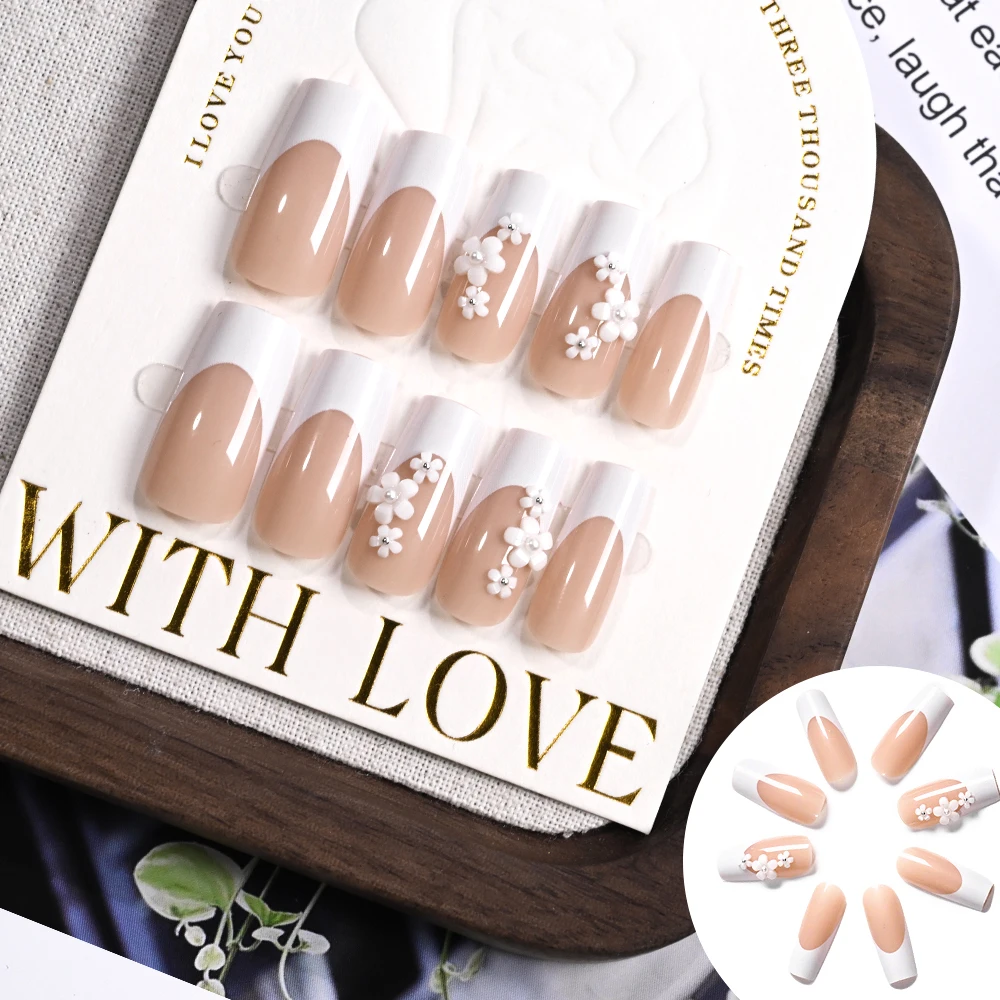 24 قطعة طويلة مربع الفرنسية الأظافر وهمية رصع ثلاثية الأبعاد زهرة بيضاء اليدوية اضغط على الأظافر نعش الأظافر كاذبة نصائح للنساء أنيقة TD