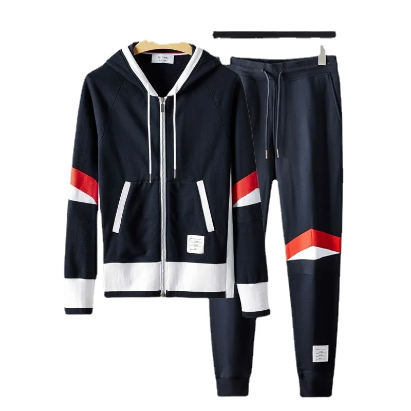 

TB Color Matching Suit Sweater Sports Casual Cardigan Hooded Suits Same Earrings for Couple Fashion Brand Spring and Autumn