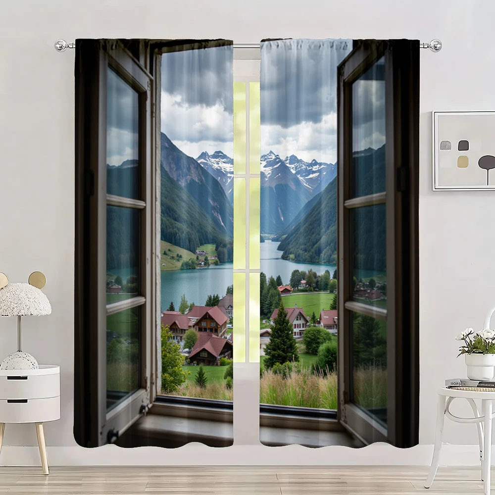 2pc,  Curtains Tranquil alpine village scenery Versatile Fabric,Without Electricity summer party decorations Use for Holiday