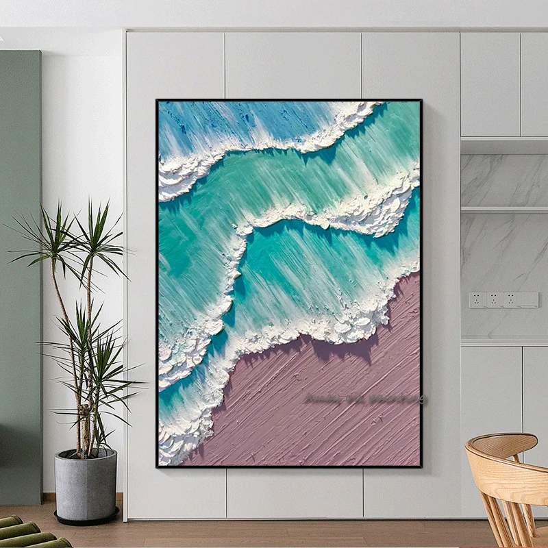 Soft Tone Minimal Beach Oil Painting, Palette Knife Heavy Impasto Teal Waves Dusty Pink Coast Textured Canvas Artwork