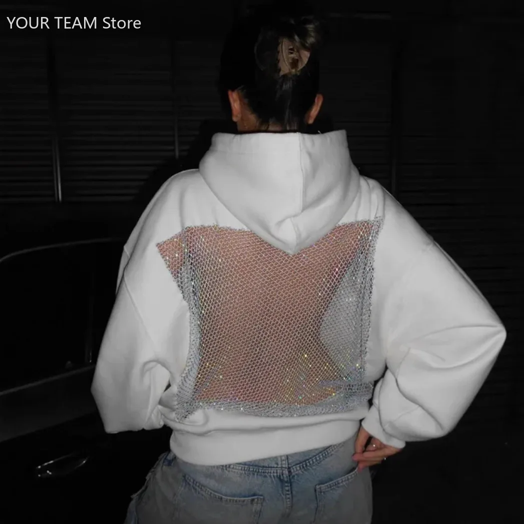 Women's Fashion Solid Color Backless Hollow - Out Mesh Hoodie Sweatshirt 2025 Autumn Winter New