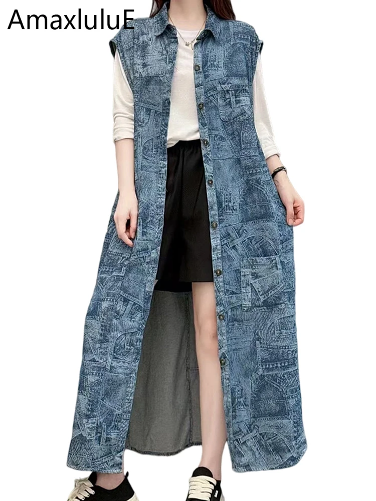 

Amax LuluE 2025 Winter Vintage Printed Long Sleeveless Denim Vest Womens Fashion Classic Coats Ladies Casual Vintage Waistcoats