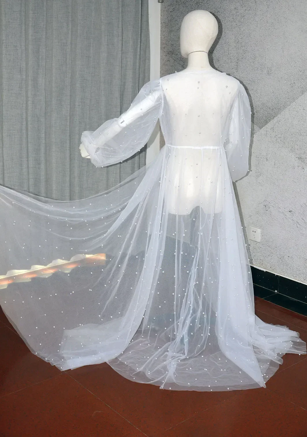 Bata de novia de tul perla para boda, albornoces de manga larga para mujer, chal, camisones, lencería, capa tipo kimono personalizada de talla grande
