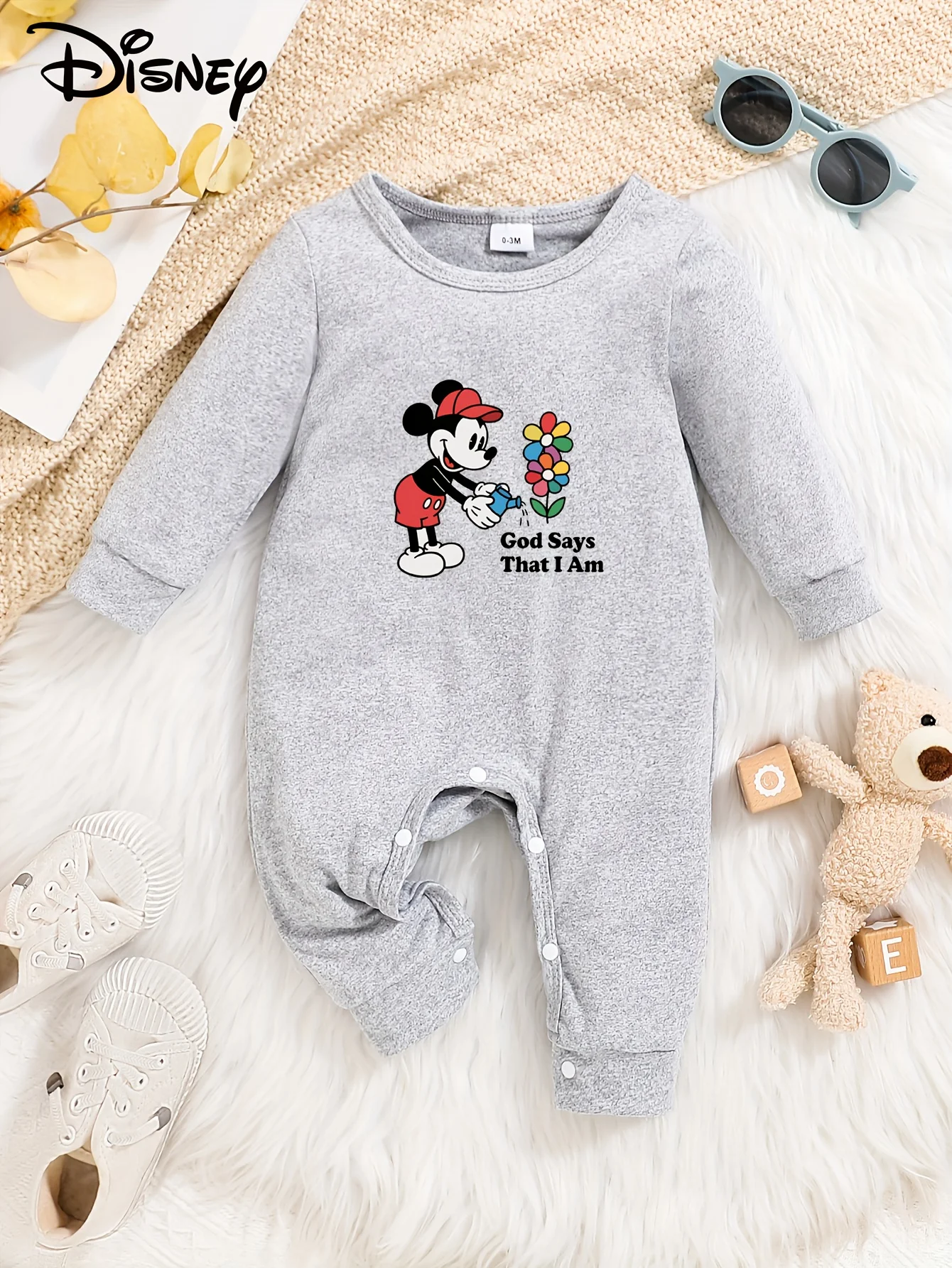 

【Осанторизованный】Детский комбинезон с длинными рукавами Disney Minnie Mouse, милый узор с принтом, круглый вырез, мягкий и удобный, можно стирать в машине, подходит для всех сезонов, подходит для улицы
