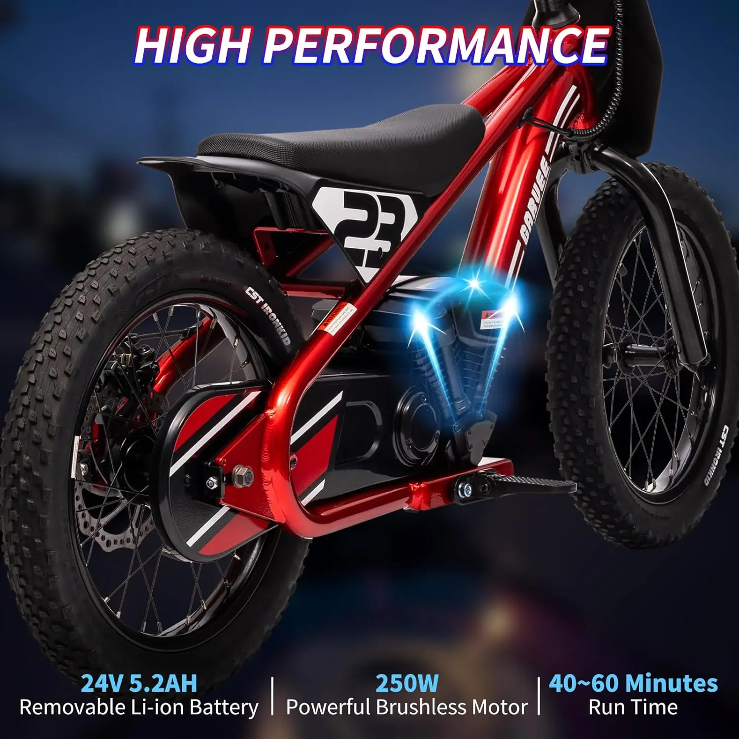 24V elektrische crossmotor voor kinderen, 16 inch 250 W elektrische loopfiets motorfiets voor kinderen van 6-12 jaar, 3 snelheidsinstellingen / afneembare batterij