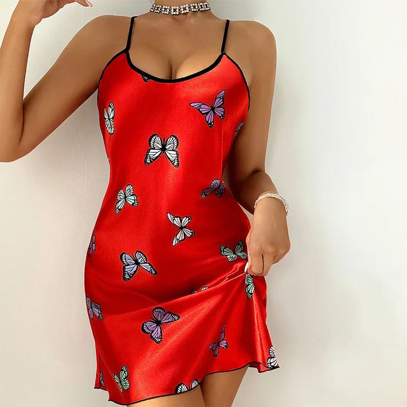 Ladies Sexy Sling Nightdress Artificial Silk  Butterfly Suspender Skirt Female Backless Pajamas