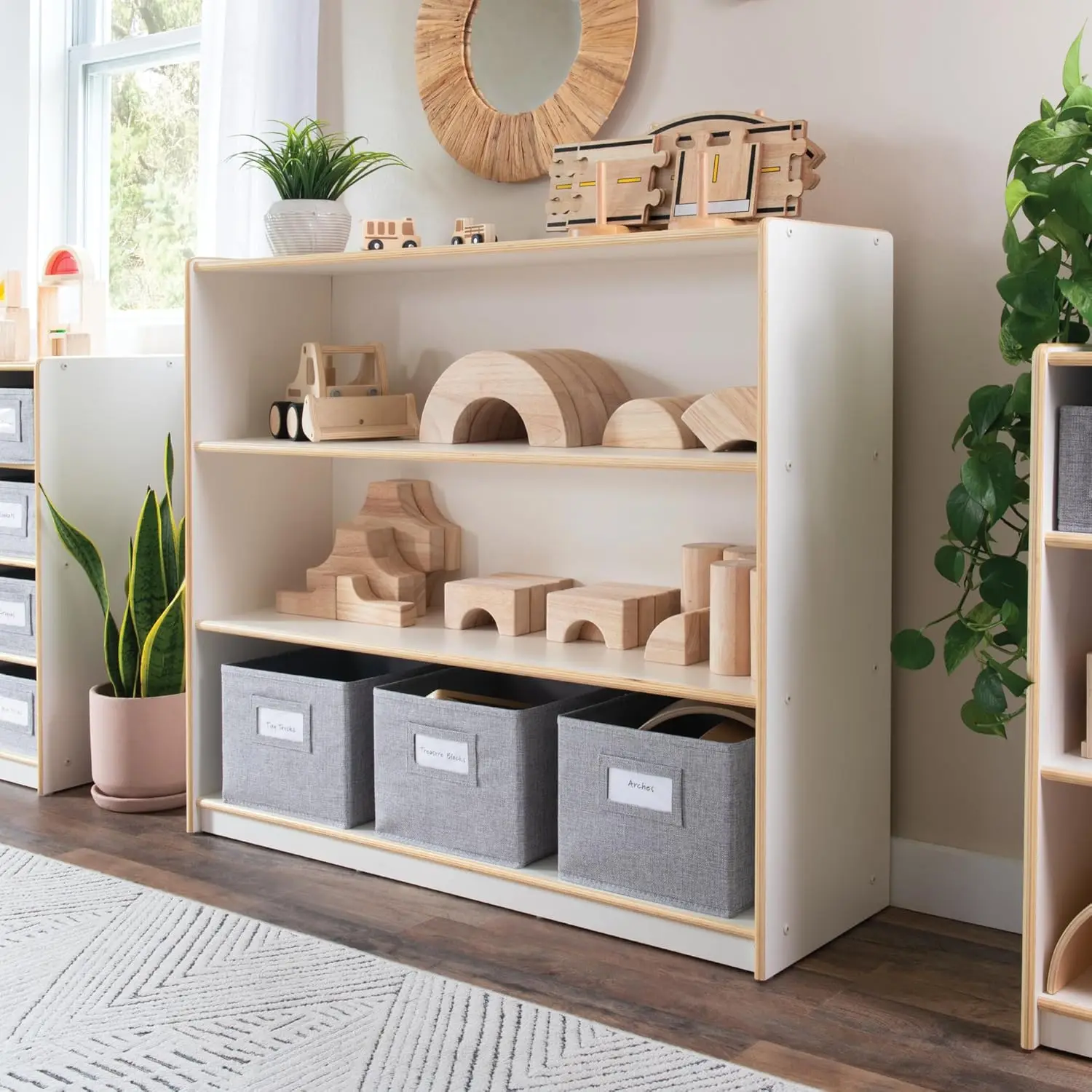 Three Shelf Open Storage White with 3 Fabric Bins: Wood Bookshelf and Toy Organizer for Kids and Teachers; School