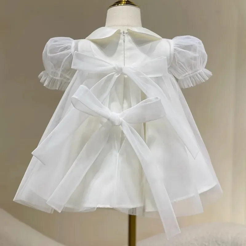 Fashion Baby Girl Princess Bow Tutu Dress Puff Sleeve Infant Toddler Child White Vestido Party Birthday Baby Clothes 12M-12Y