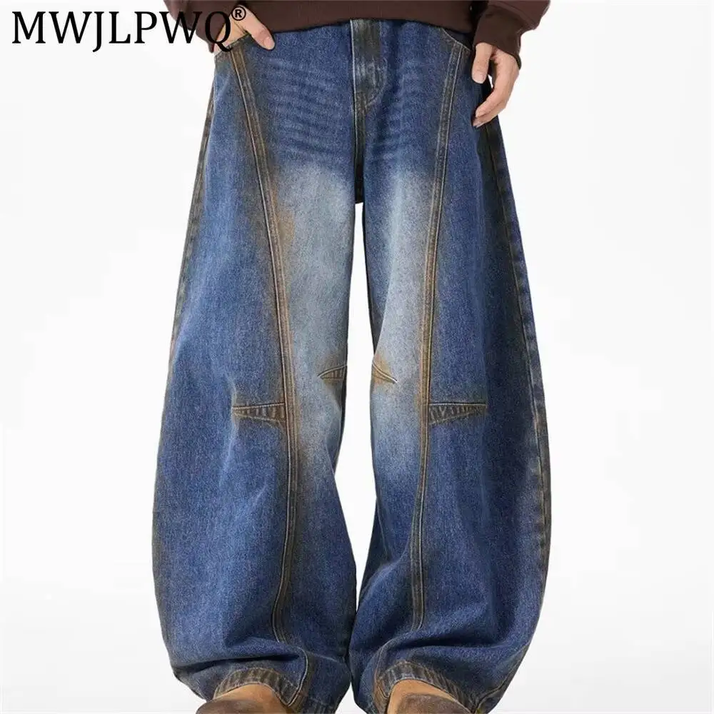 MWJLPWQ Deconstructed Patchwork Design Curved Hem Jeans For Men Trendy Style Distressed Letter Print Loose Autumn Trousers 20218