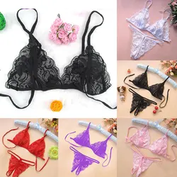 Sexy Crotchless Bra+Underwear Babydoll See Through Lace Bikini Babydoll Female Glamour Lingerie Fashion Lightweight Underwear