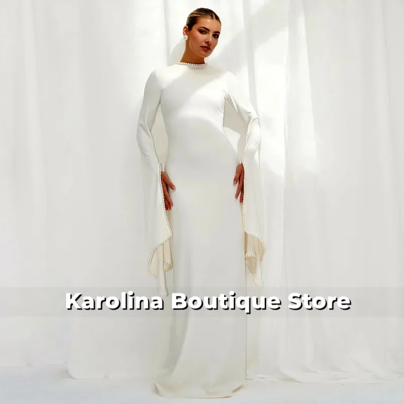 Robe de soirée modeste perles col rond manches longues une ligne robes de soirée modernes pour les femmes longueur de plancher robes d'invité de mariage ivoire