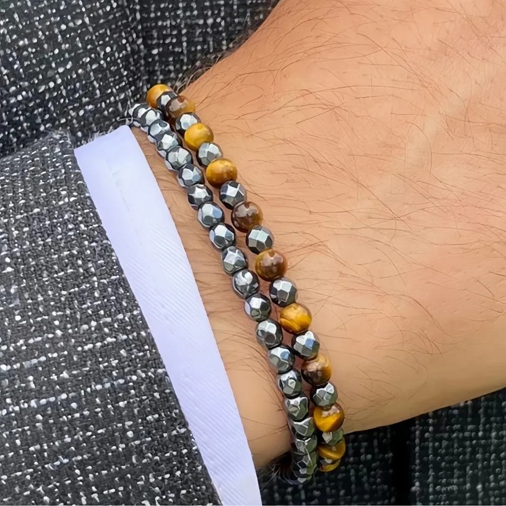 Unregelmäßiges Schwarzes Gallenstein-Streifenperlen-Armband Retro Herren Doppelschicht-Armband Modischer Party-Schmuck Trendige Accessoires – Detail 1
