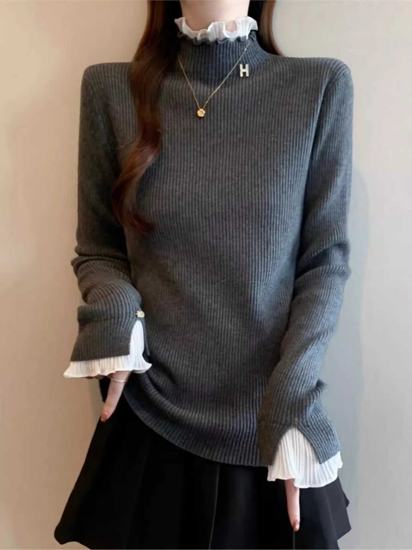 

ay Lace Trim Long Sve f High Ne Knitted Top Women's plus Size Autumn Winter Boting irt Base Layer Top