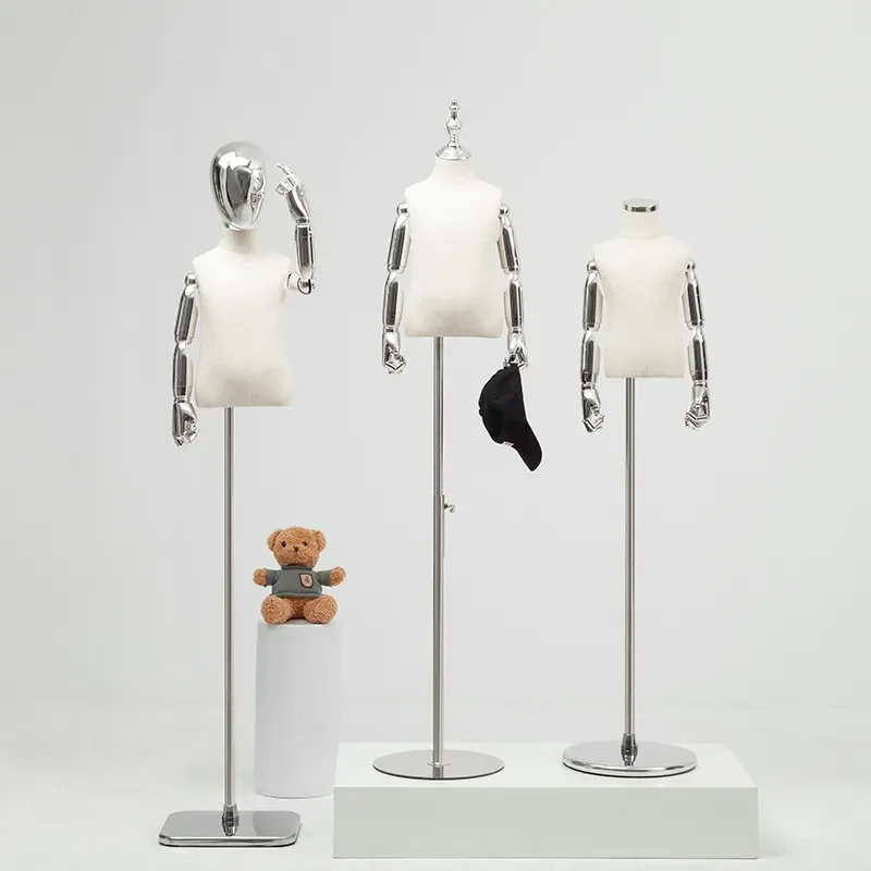 Electroplated Silver Children Mannequin Display Stand for Boys and Girls Dolls High End Kids Clothing Store Model Props