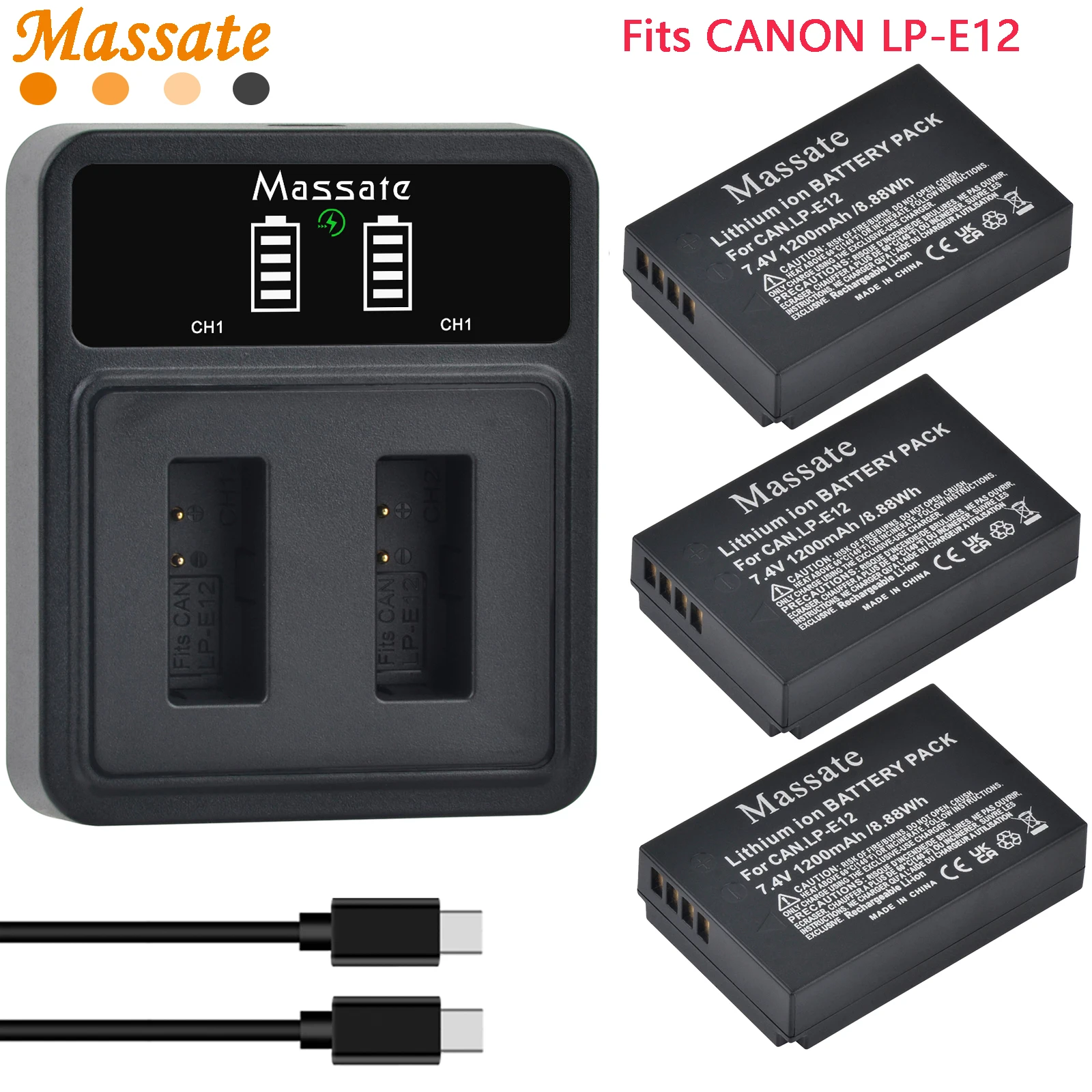 Massate LP-E12 LPE12 LP E12 Camera Battery +Dual USB Charger for Canon EOS M50 M10 M100 M200 100D M6 Mark II Kiss X7 Rebel SL1