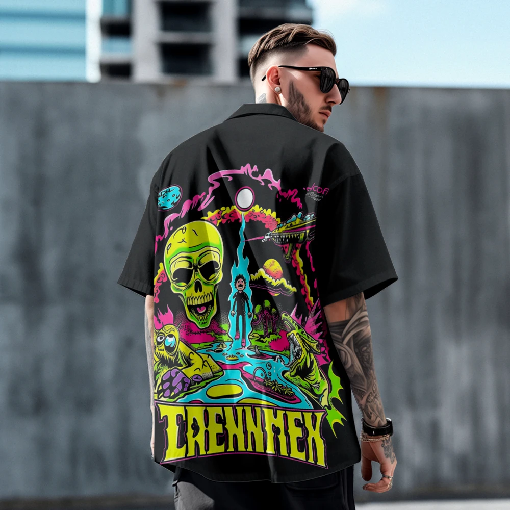 Cool fashion creative skull design casual men's short-sleeved shirt summer loose feature lapel T-shirt top