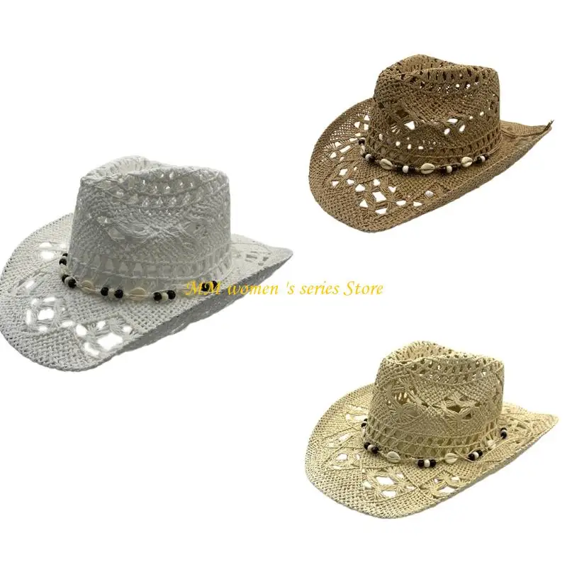 

Q39C Elegant Wide Brims Woven Straw Hat with Seashells Decoration for Women Men Outdoor Fun Activity Breathable Headwear
