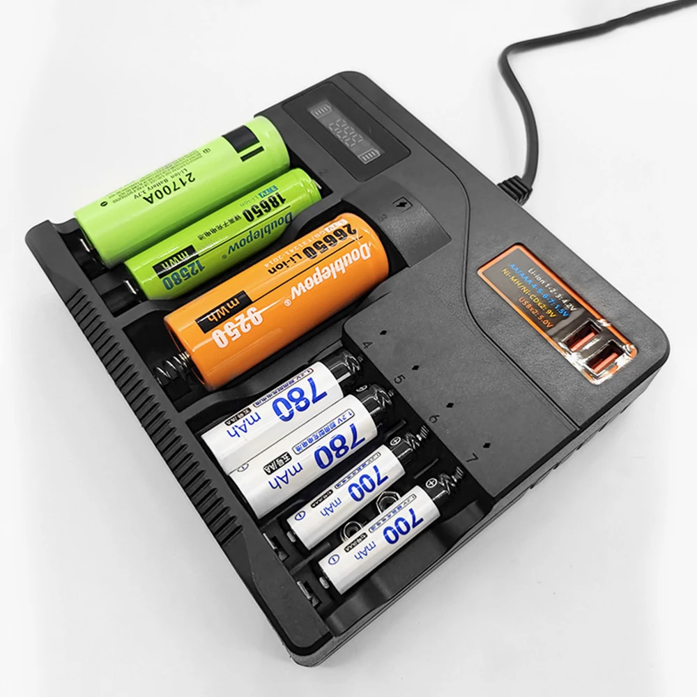 Battery Charger LCD Display 7 Slots For 1.2V AA/AAA NIMH/Nickel-cadmium or 9V NIMH/Li-ion Batteries 3.7V 26650 16340 9V Battery