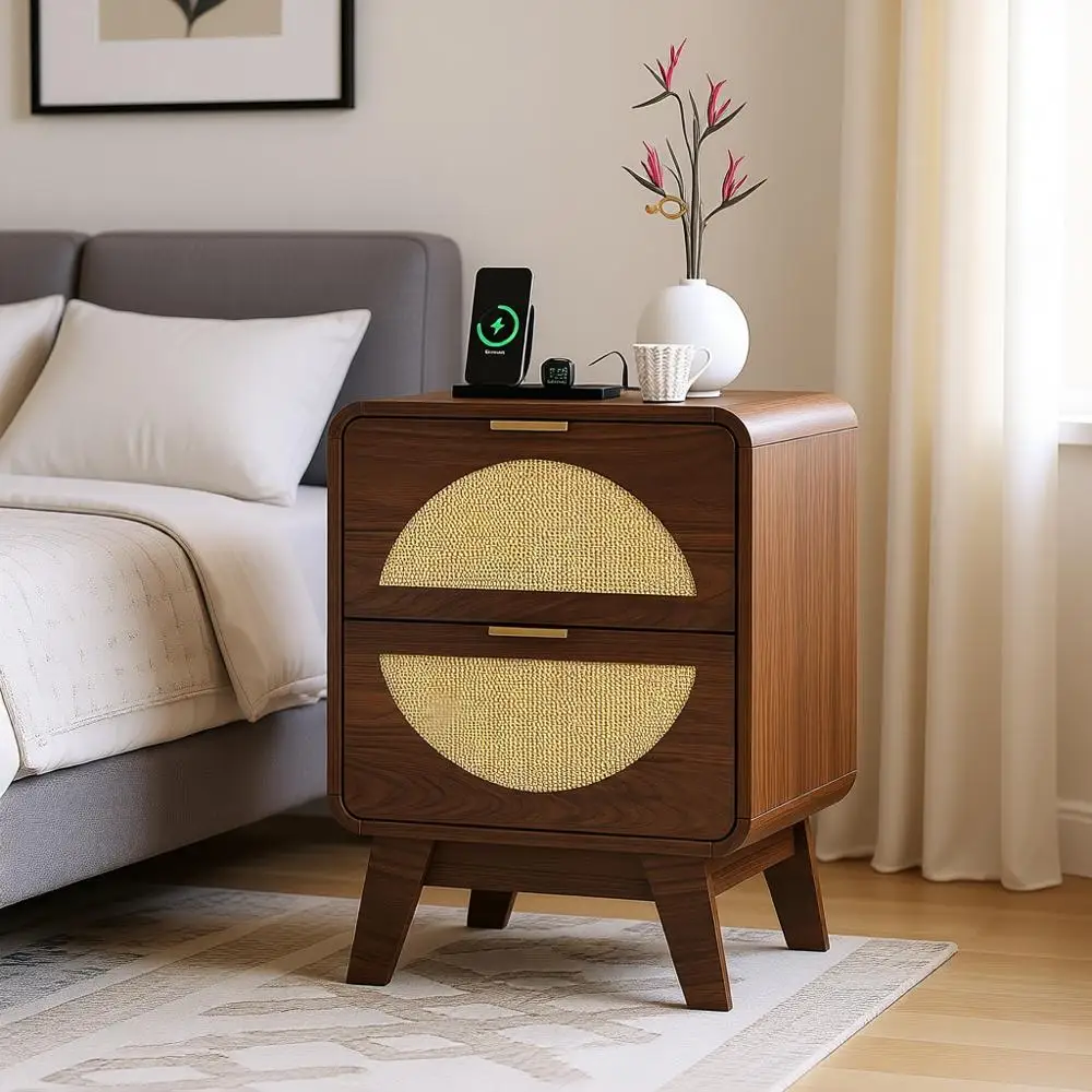 

Charging Station Nightstand, Beside Table with 2 Drawers, Rattan End Table with Storage, Brown Wood Nightstand for Bedroom and L