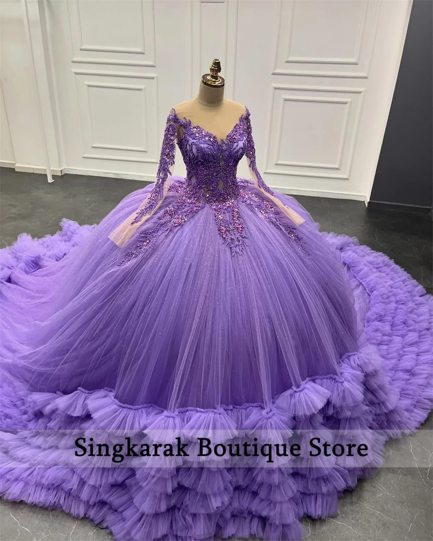 2024 Lavender ungu Quinceanera gaun Tiered Ruffles manik-manik pesta ulang tahun lengan panjang manis 16 gaun gaun bola disesuaikan