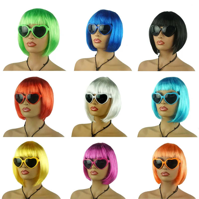 Wholesale Price Women Short BOB Hair Straight Wig Bangs Cosplay Party Stage Show Colors with Glasses