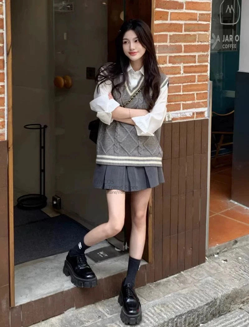 Women Fashion Spring Autumn Japanese Korean Preppy Style JK Uniform Set 3-piece Set Vest Skirt Casual Daily Girls School Uniform