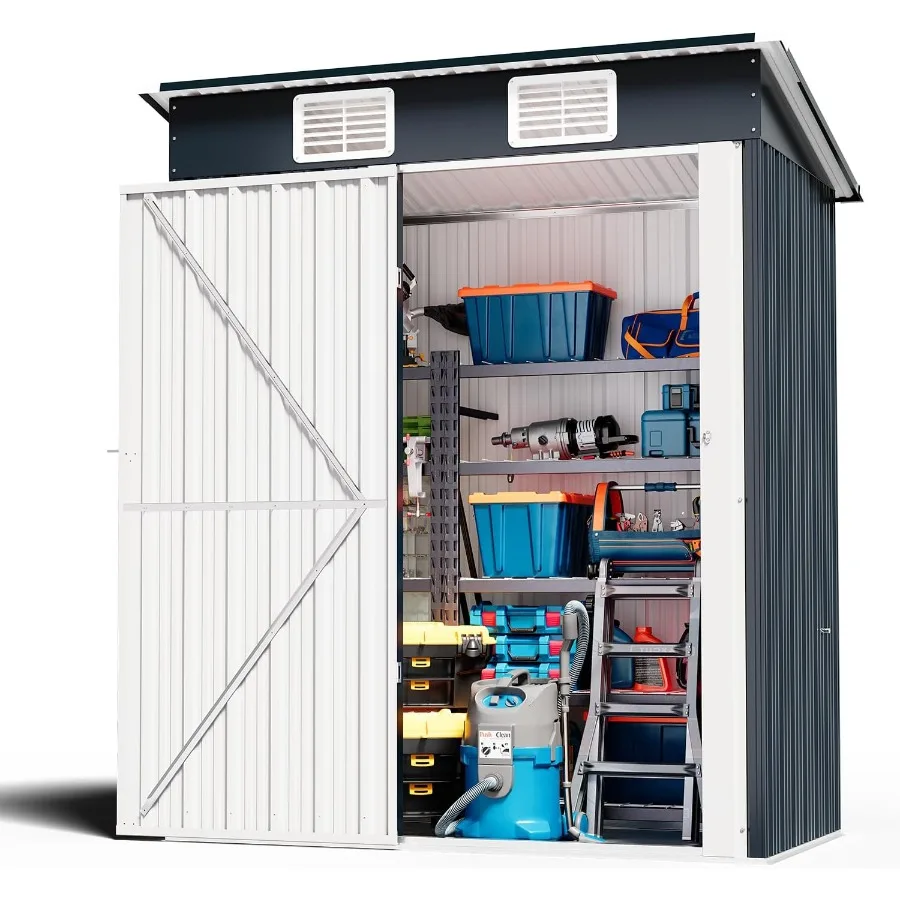 Outdoor Metal Storage Shed, Galvanized Steel, Gray, Lockable with Ventilation, 5x3 Feet
