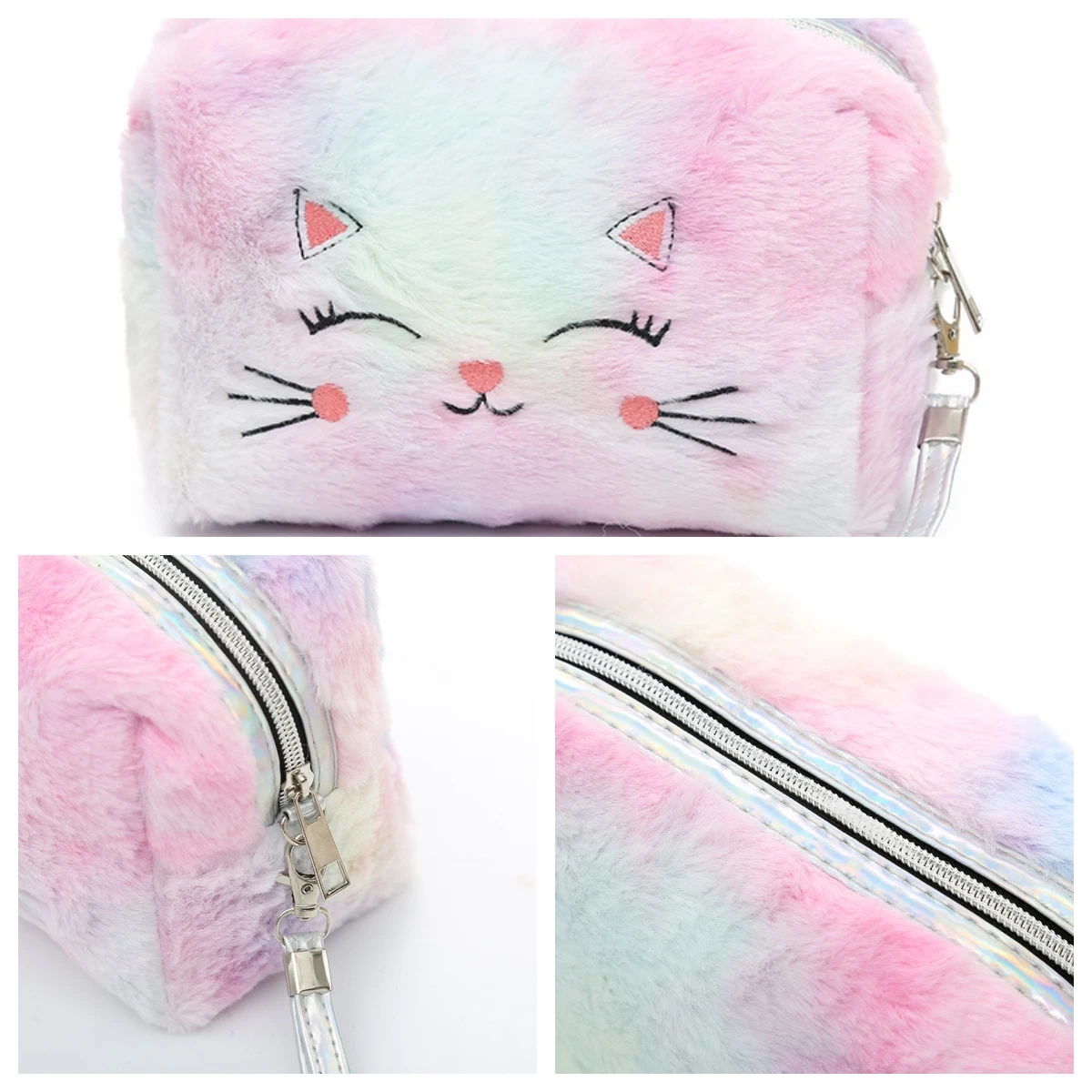 

Colorful Cat Cosmetic Bags Plush Toiletry Bag Clutch Bag Makeup Bags Students Zipper Pencil Case Stationery Bag Travel Organizer