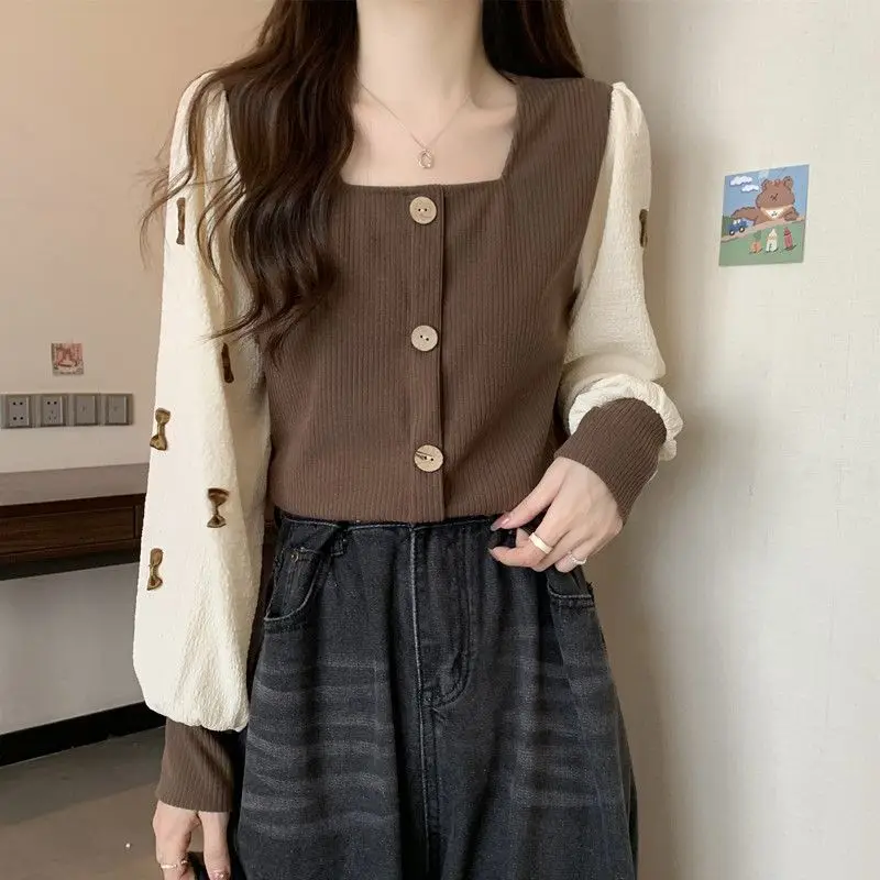 Women Autumn Fashion Loose Patchwork Bow Square Collar Long Sleeve Shirts Women Clothes Casual All-match Large Size Fleece Tops