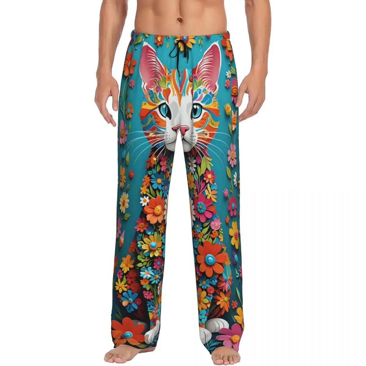 

Floral Cat Pajama Pants Sleepwear Men Elastic Waistband Sleep Lounge Bottoms with Pockets