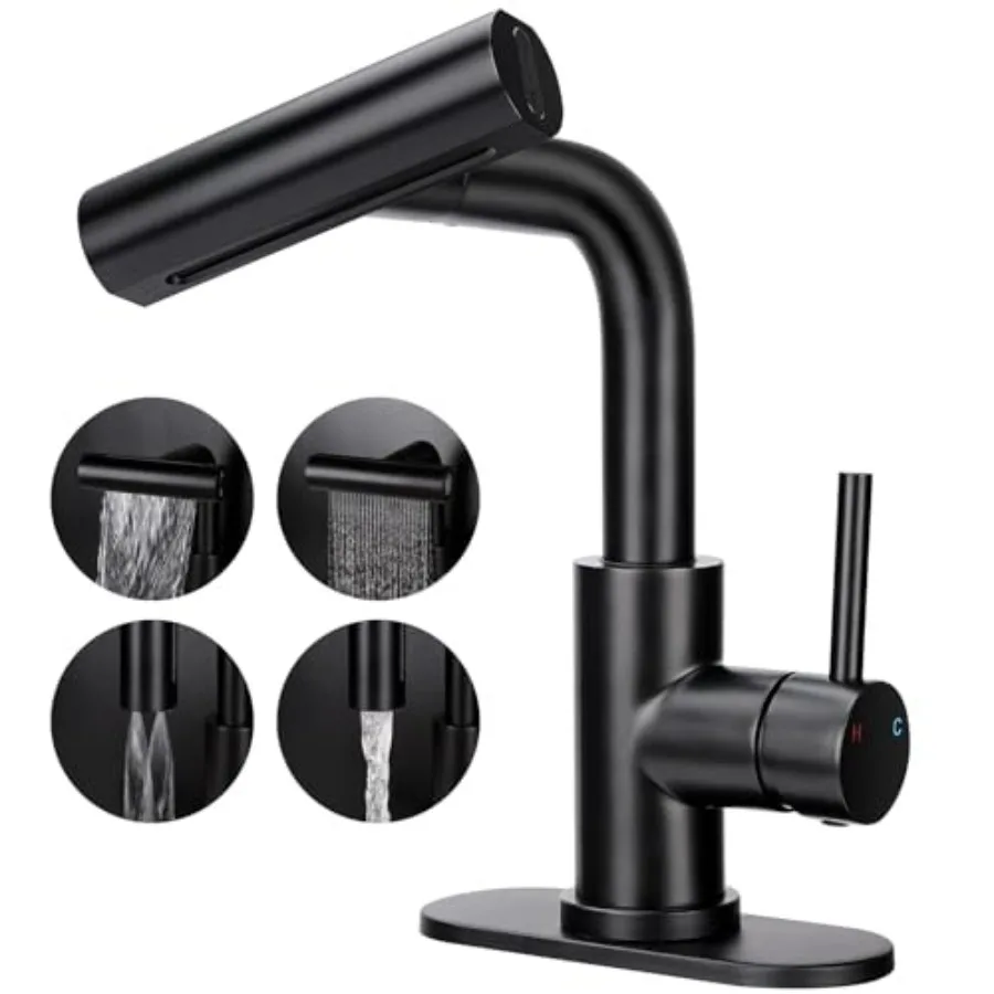 

Bathroom sink faucet with 4-mode pull-down sprayer matte black finish single-handle pull-out design with pop-up drainideal for