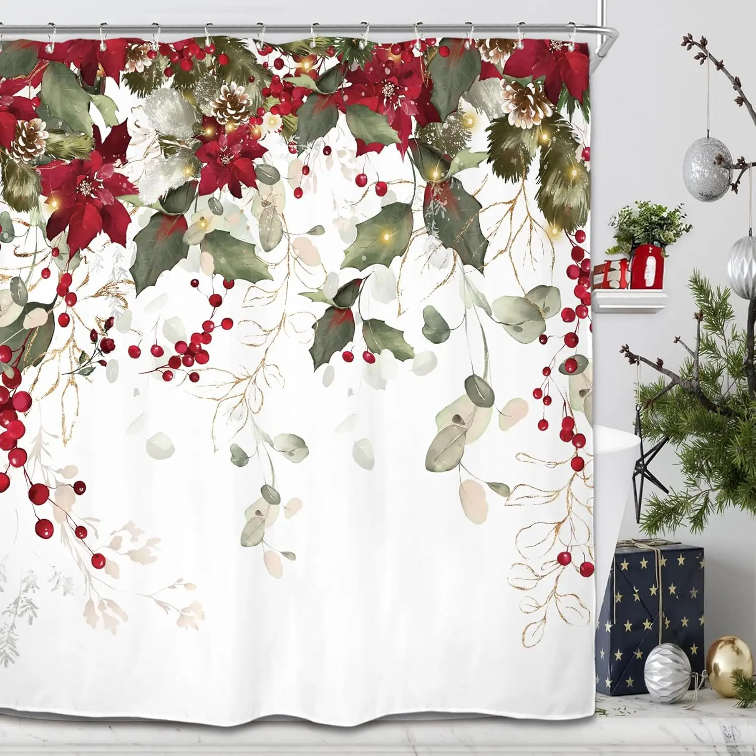 Eucalyptus Christmas Flower Shower Curtain Set Green Red Poinsettia Berry Leaves Botanical Plant Merry Xmas Polyester Waterproof
