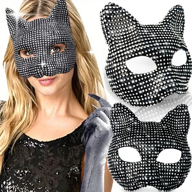 Demi-masque facial en diamant de chat d'halloween, couvre-yeux Sexy pour hommes et femmes, amoureux de Cosplay, accessoire de Costume de fête, masque cyberpunk