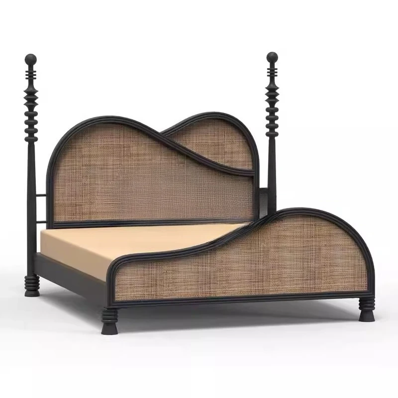 

French retro solid wood bed/American medieval carved master bedroom bed/princess bed Roman pillar bed