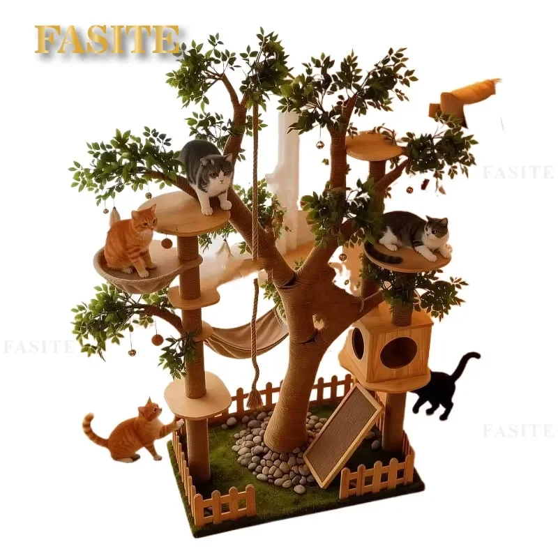 For Cat Climbing Frame Solid Wood Branches Plush Nest Decompression Healing Villa Multi-level Activity Tree House Furniture